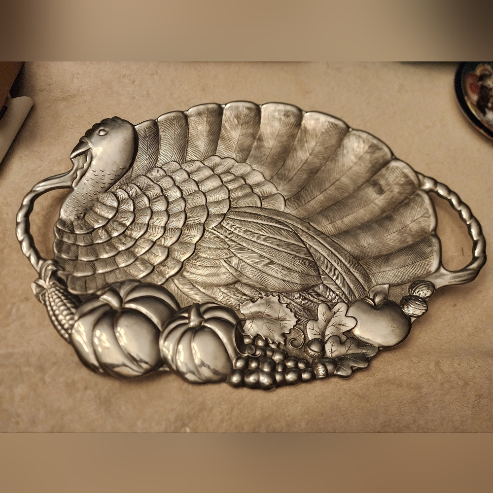 Lenox Silver-Tone Turkey and Harvest Motif Serving Platter